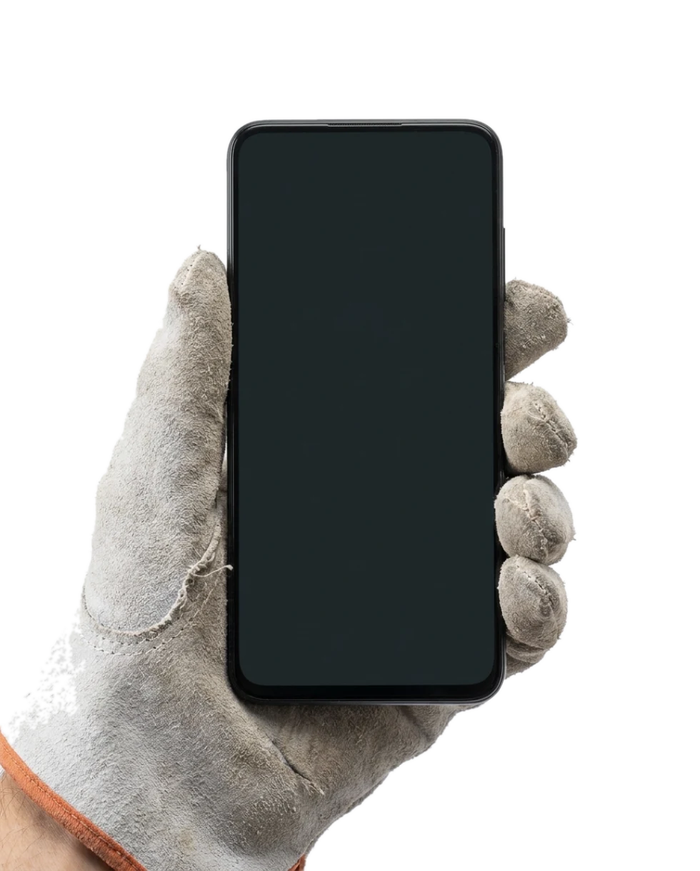A gloved worker hand holding a phone running the Aura Assistant chat