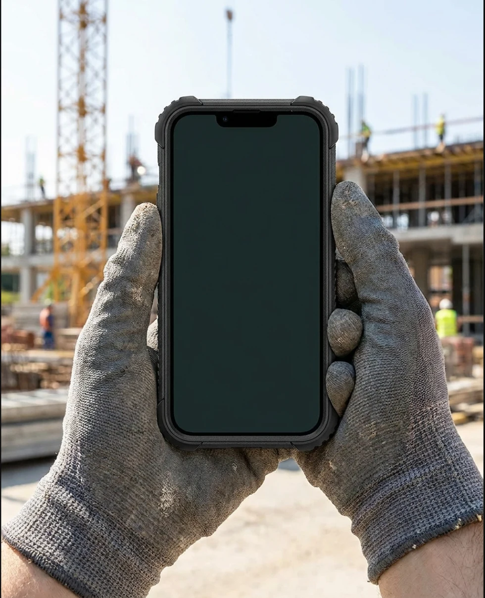 Gloved hands holding an armor-cased phone running the ECSafety field app on an active construction site
