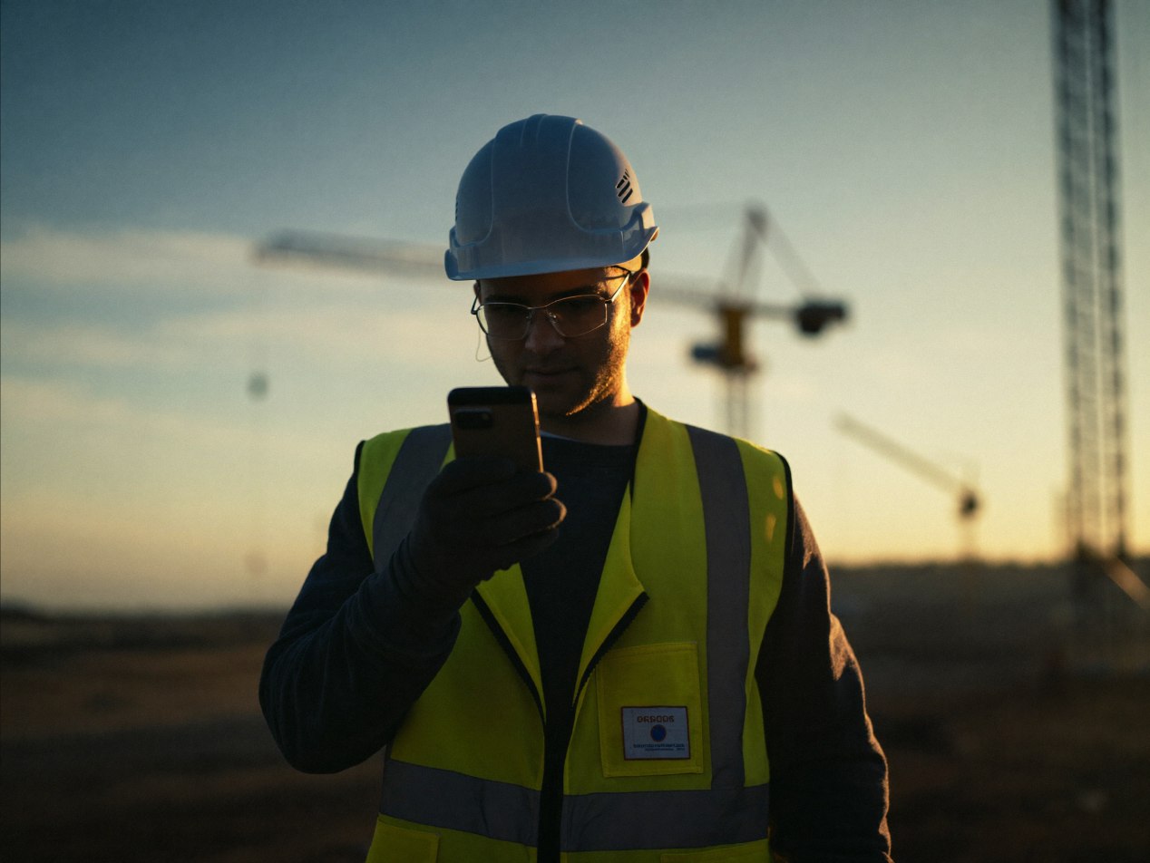 Field technician checking the ECSafety app on a rugged phone at dusk