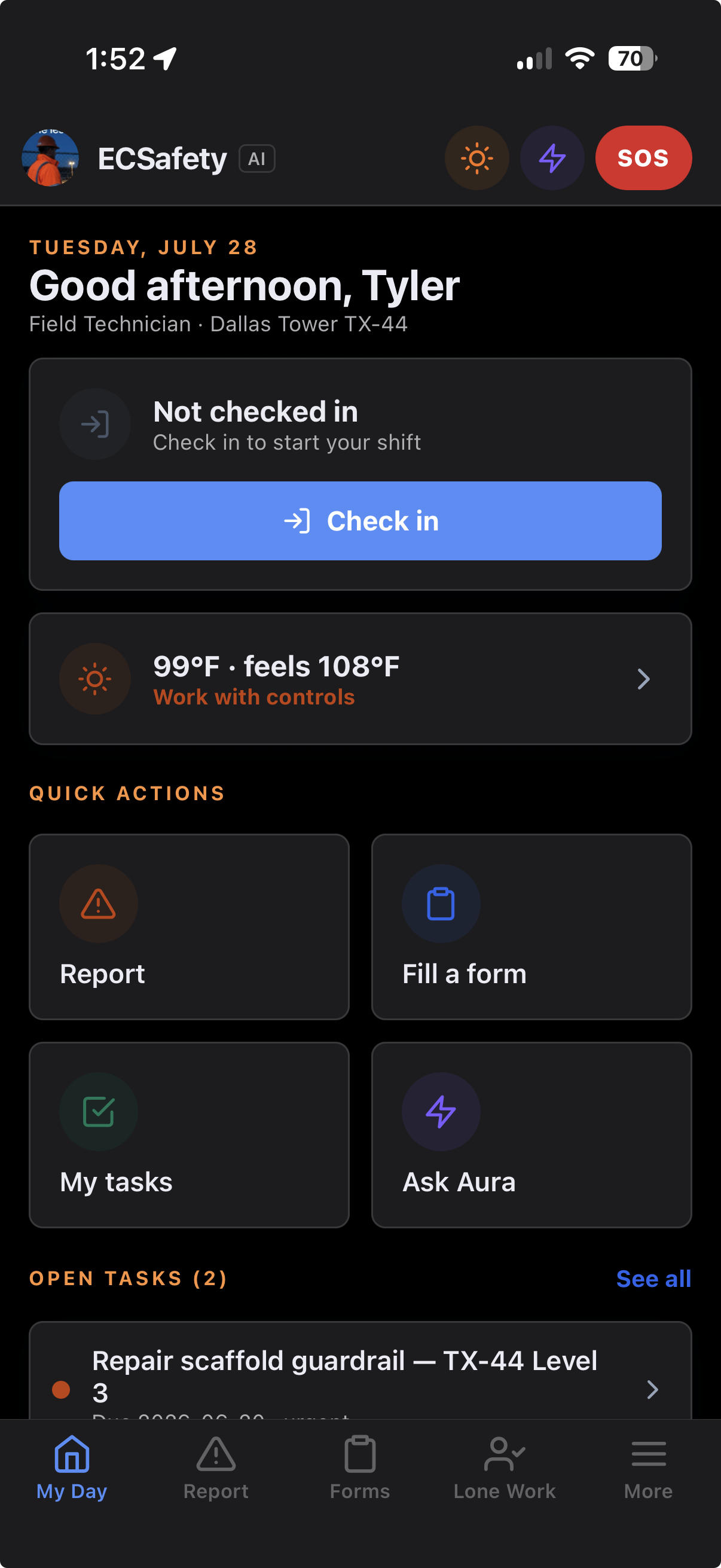 ECSafety field app home screen: check-in, heat advisory, quick actions and open tasks